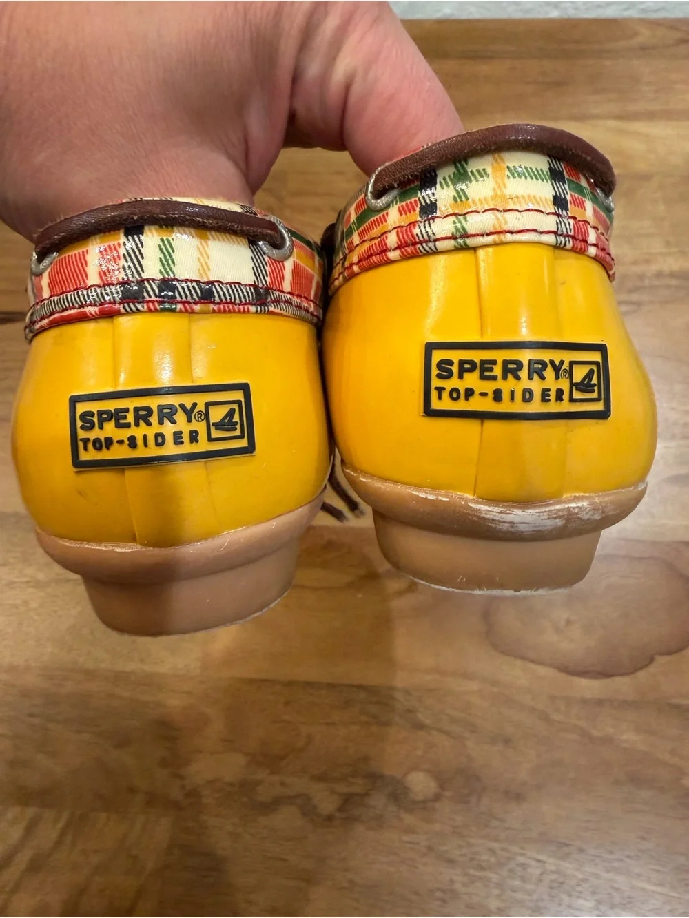 Sperry Yellow and Red Plaid-Trim Duck Boots w/ Leather Laces Women’s Size 8